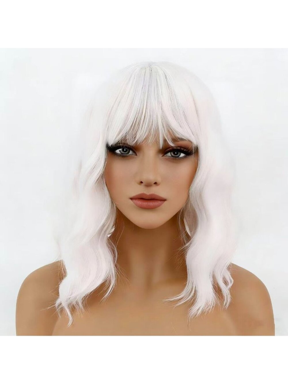 Women's White 14 Inch Heat Resistant Synthetic Short Wavy Bob Wigs Bangs